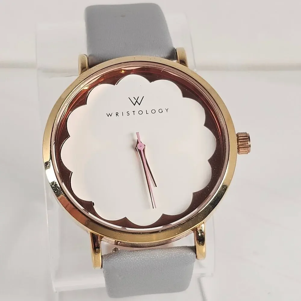 Wristology Women's Quartz Watch 38mm Gold Case Gray Leather Band, New Battery
